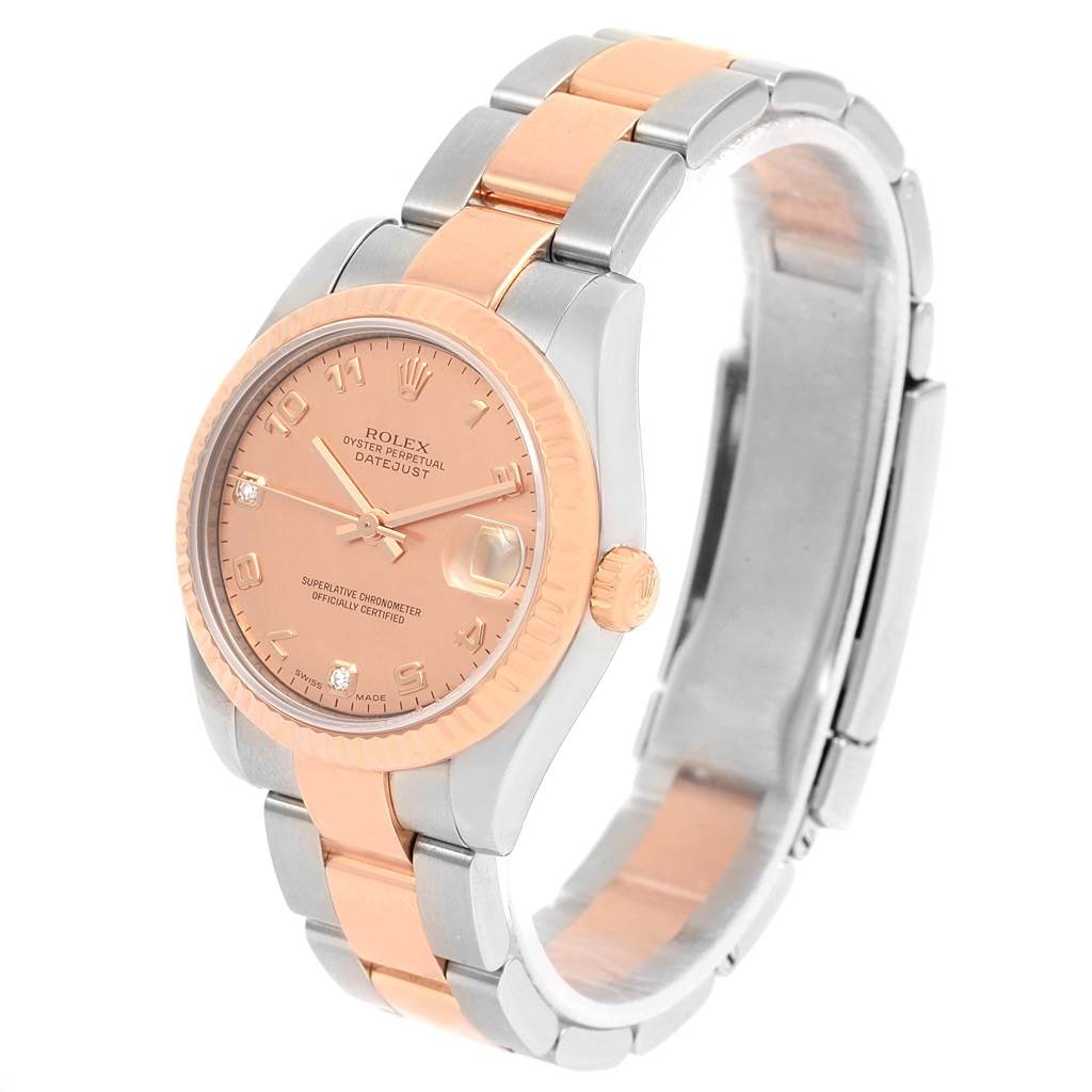 The Rolex Mid-Size 178271 Women's Steel and Gold (two tone) Pink Dial 178271 Women's Steel and Gold (two tone) Pink Dial Oyster Perpetual Datejust watch is shown at a front-left angle, highlighting its dial, bezel, crown, and bracelet.