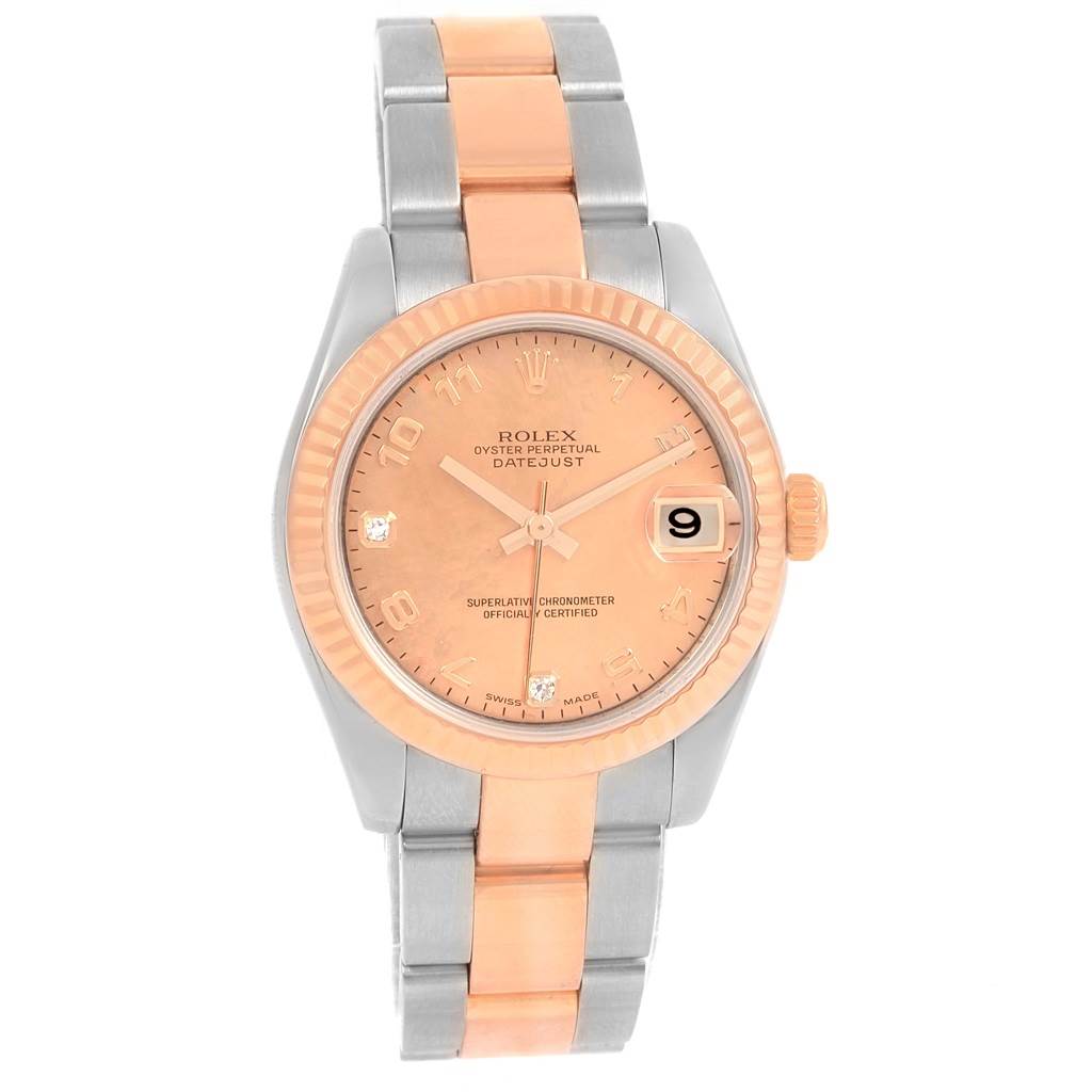The Rolex Mid-Size 178271 Women's Steel and Gold (two tone) Pink Dial 178271 Women's Steel and Gold (two tone) Pink Dial Datejust watch is shown from the front, displaying its dial, bezel, crown, and bracelet.