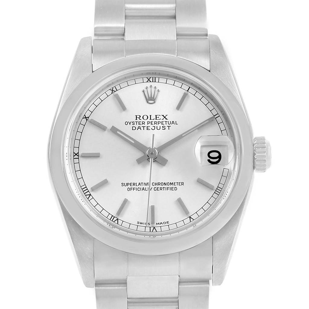 This image shows a front view of a Rolex Mid-Size 78240 Women's Stainless Steel Silver Dial 78240 Women's Stainless Steel Silver Dial Oyster Perpetual Datejust watch, highlighting its dial, bracelet, and crown.