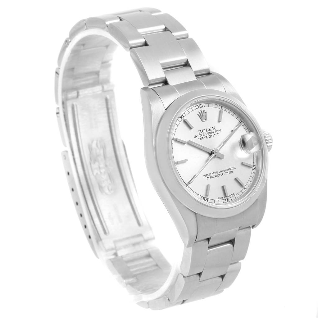 This image shows a side angle of a Rolex Mid-Size 78240 Women's Stainless Steel Silver Dial 78240 Women's Stainless Steel Silver Dial Datejust watch, highlighting its silver bracelet, crown, and dial.