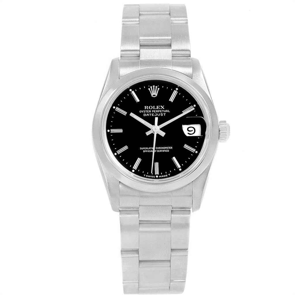 The image shows a full front view of the Rolex Mid-Size 68240 Women's Stainless Steel Black Dial 68240 Women's Stainless Steel Black Dial Oyster Perpetual Datejust, including the bracelet, case, dial, and crown.