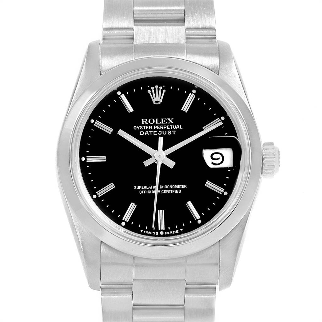 The Rolex Datejust Mid-Size watch is shown from the front, featuring its black dial, date window, and stainless steel bracelet.