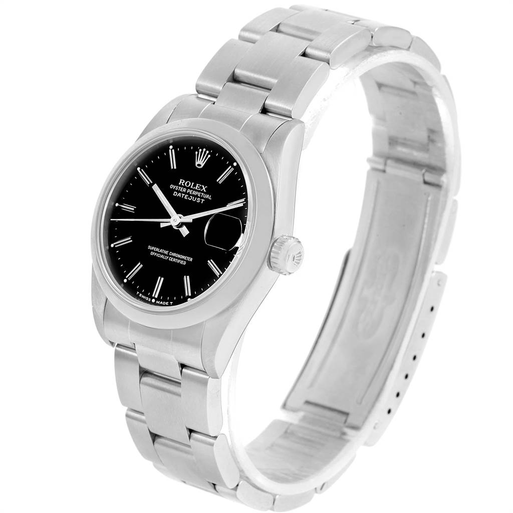 The image shows a Rolex Mid-Size 68240 Women's Stainless Steel Black Dial 68240 Women's Stainless Steel Black Dial Oyster Perpetual Datejust watch at a diagonal angle, highlighting the black dial and metal bracelet.