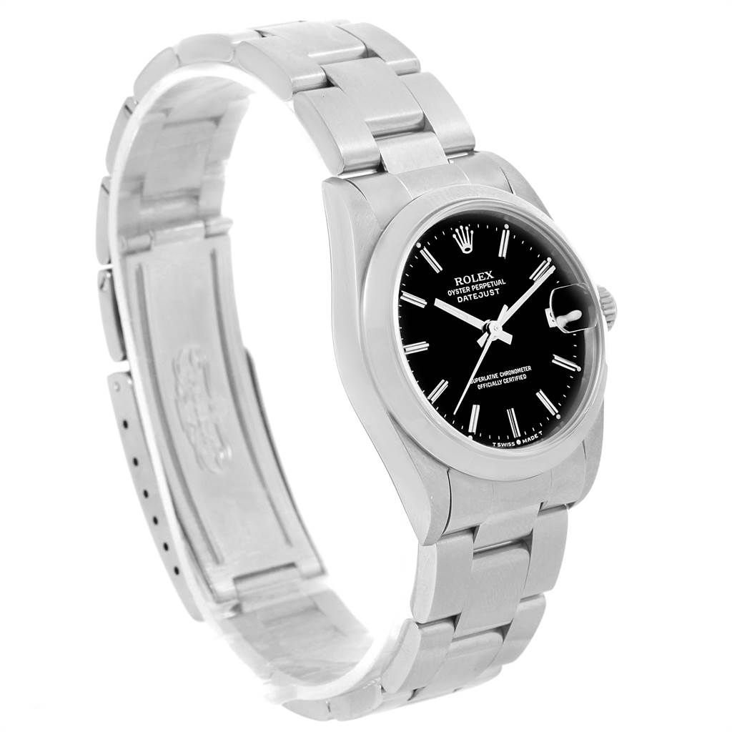The Rolex Mid-Size 68240 Women's Stainless Steel Black Dial 68240 Women's Stainless Steel Black Dial model watch is shown at a slight angle, displaying its band, case, and face clearly.
