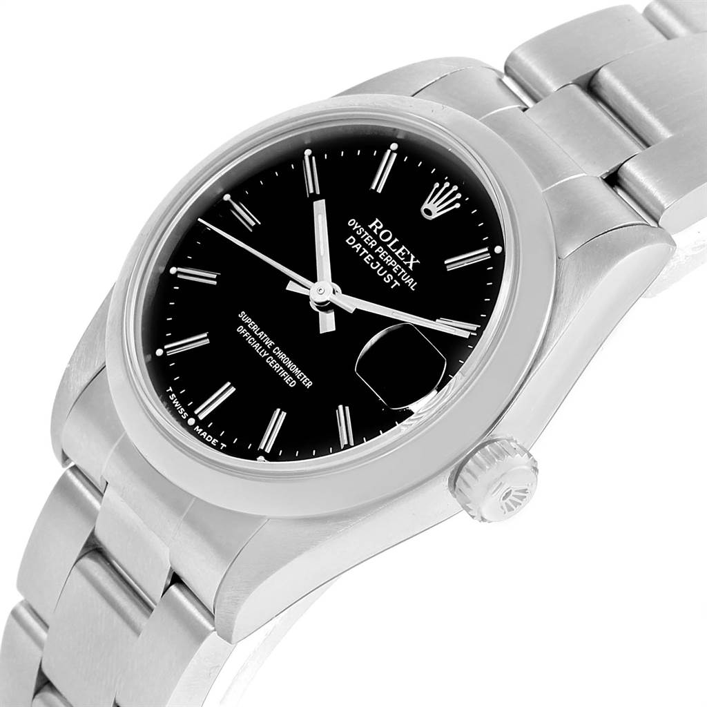 This image shows a Rolex Mid-Size 68240 Women's Stainless Steel Black Dial 68240 Women's Stainless Steel Black Dial Oyster Perpetual Datejust from an angled top view, highlighting its black dial, silver bracelet, and crown.