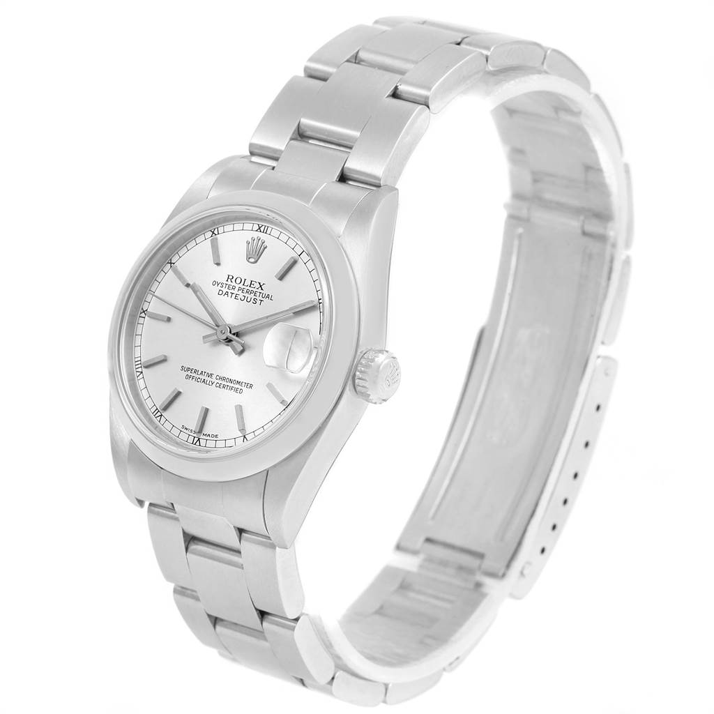 The image shows a side-angle view of a Rolex Mid-Size 78240 Men's Stainless Steel Silver Dial 78240 Men's Stainless Steel Silver Dial Oyster Perpetual Datejust, highlighting the silver dial, bracelet, and clasp.