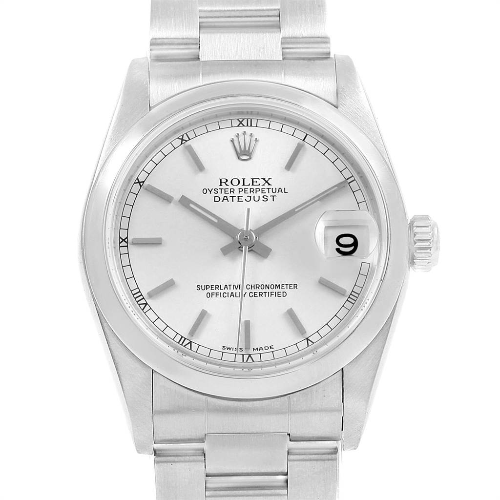 The image shows a front view of a Rolex Oyster Perpetual Datejust Mid-Size watch with its bracelet and dial visible.