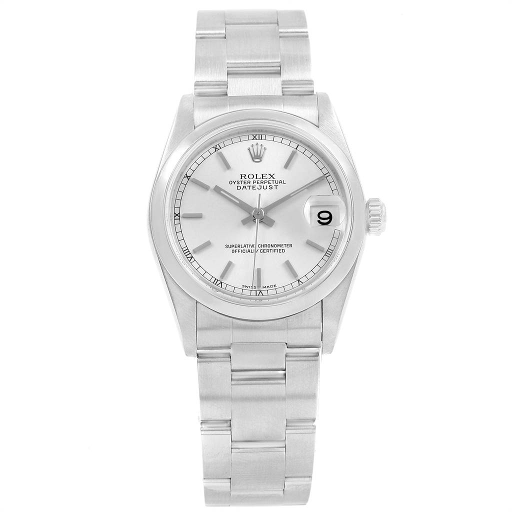 The Rolex Mid-Size 78240 Men's Stainless Steel Silver Dial 78240 Men's Stainless Steel Silver Dial Datejust watch is shown from a front angle, displaying its face and bracelet.