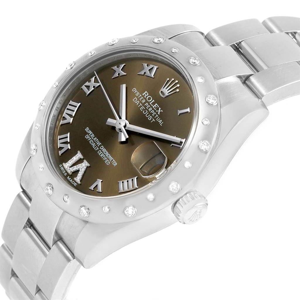 This image shows a side angle view of the Rolex Oyster Perpetual Datejust Mid-Size model, focusing on the dial and silver bracelet.
