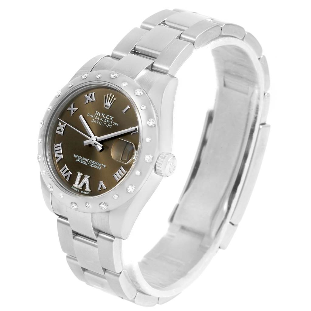 The Rolex Mid-Size 178344 Women's Stainless Steel Brown Dial 178344 Women's Stainless Steel Brown Dial watch is shown at a slight angle displaying the dial, bezel, and part of the bracelet.