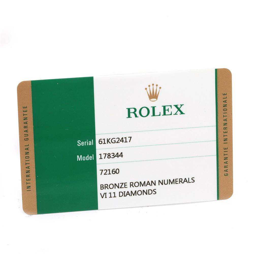 The image shows an international guarantee card for a Rolex Mid-Size 178344 Women's Stainless Steel Brown Dial 178344 Women's Stainless Steel Brown Dial model 178344.