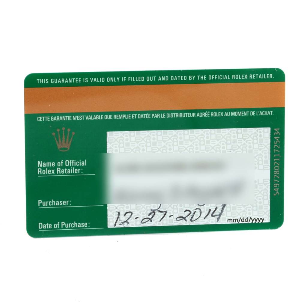 This image shows a warranty card for a Mid-Size Rolex watch, detailing the official retailer, purchaser, and date of purchase.