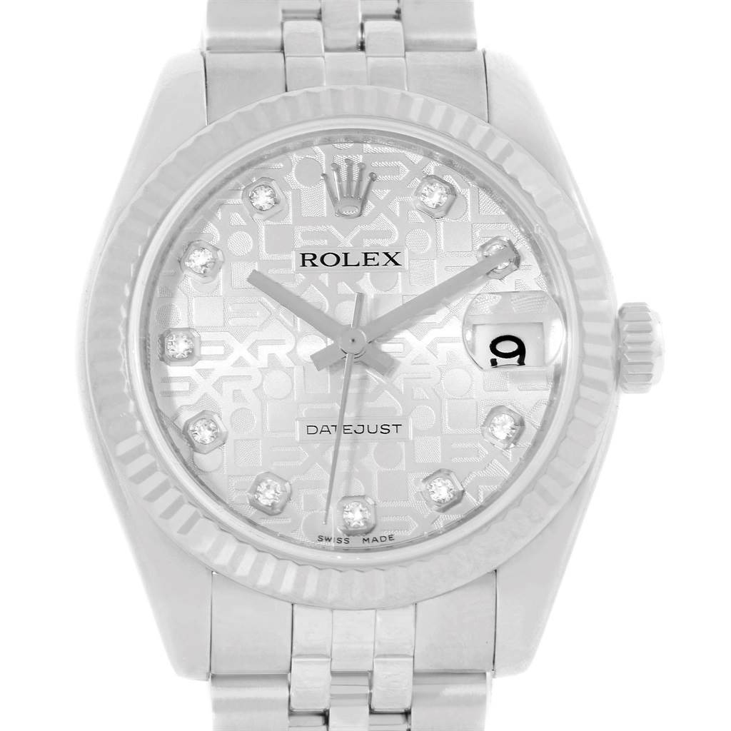 This image shows the face of a Rolex Datejust Mid-Size model watch, displaying the dial, hands, date window, and part of the bracelet.