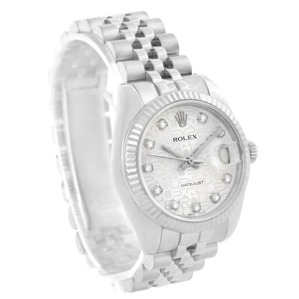 This image shows a Rolex Mid-Size 178274 Women's Stainless Steel Silver Dial 178274 Women's Stainless Steel Silver Dial Datejust watch at a three-quarter angle, displaying the face, bezel, and bracelet.