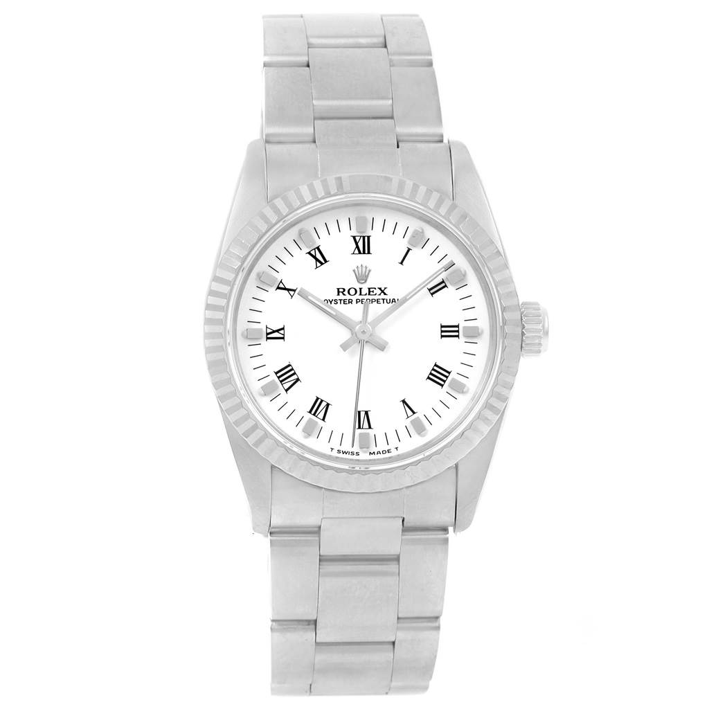 This Rolex Mid-Size 67514 Women's Stainless Steel White Dial 67514 Women's Stainless Steel White Dial watch is shown from a front angle, displaying its face, bezel, and bracelet.