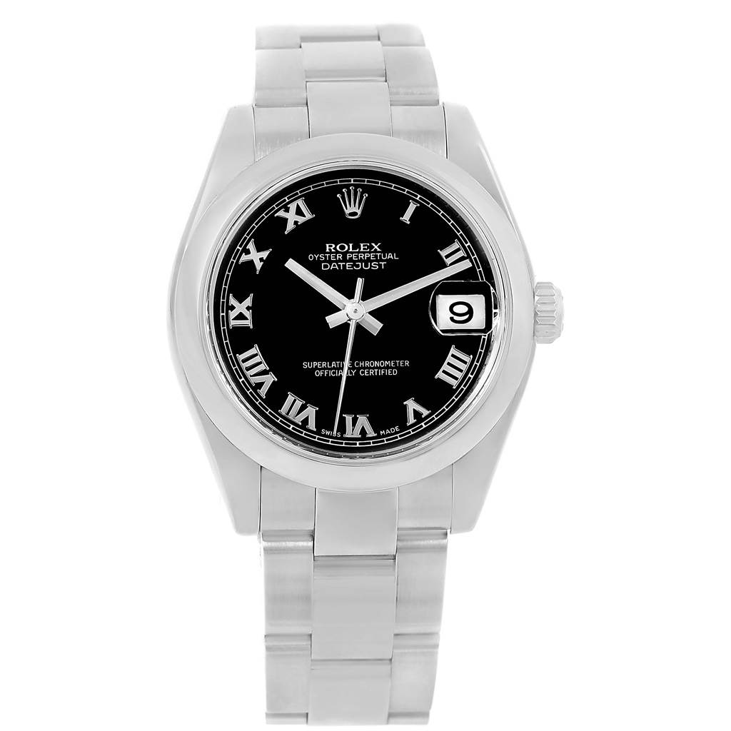 This image shows a front view of a Rolex Mid-Size 178240 Women's Stainless Steel Black Dial 178240 Women's Stainless Steel Black Dial Oyster Perpetual Datejust, highlighting the watch face, bezel, and bracelet.