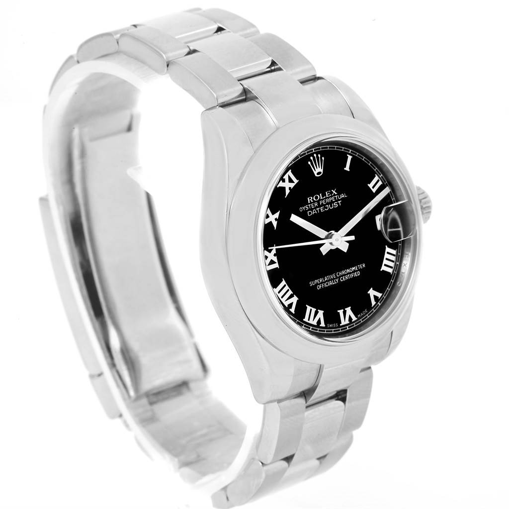 The Rolex Mid-Size 178240 Women's Stainless Steel Black Dial 178240 Women's Stainless Steel Black Dial model watch is shown at a three-quarter angle displaying the face, band, bezel, and crown.