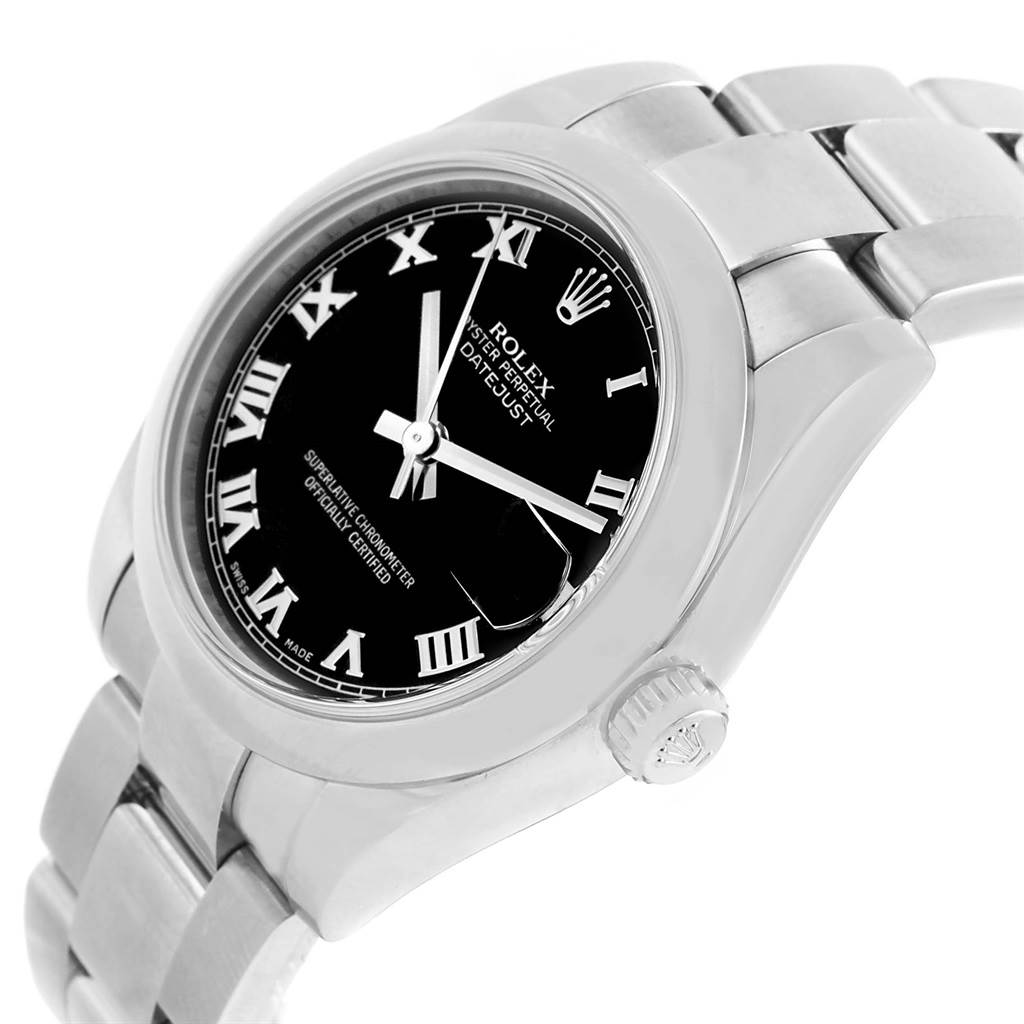 The image shows a side-angle view of a Rolex Mid-Size 178240 Women's Stainless Steel Black Dial 178240 Women's Stainless Steel Black Dial Datejust watch, highlighting the face, bezel, crown, and bracelet.