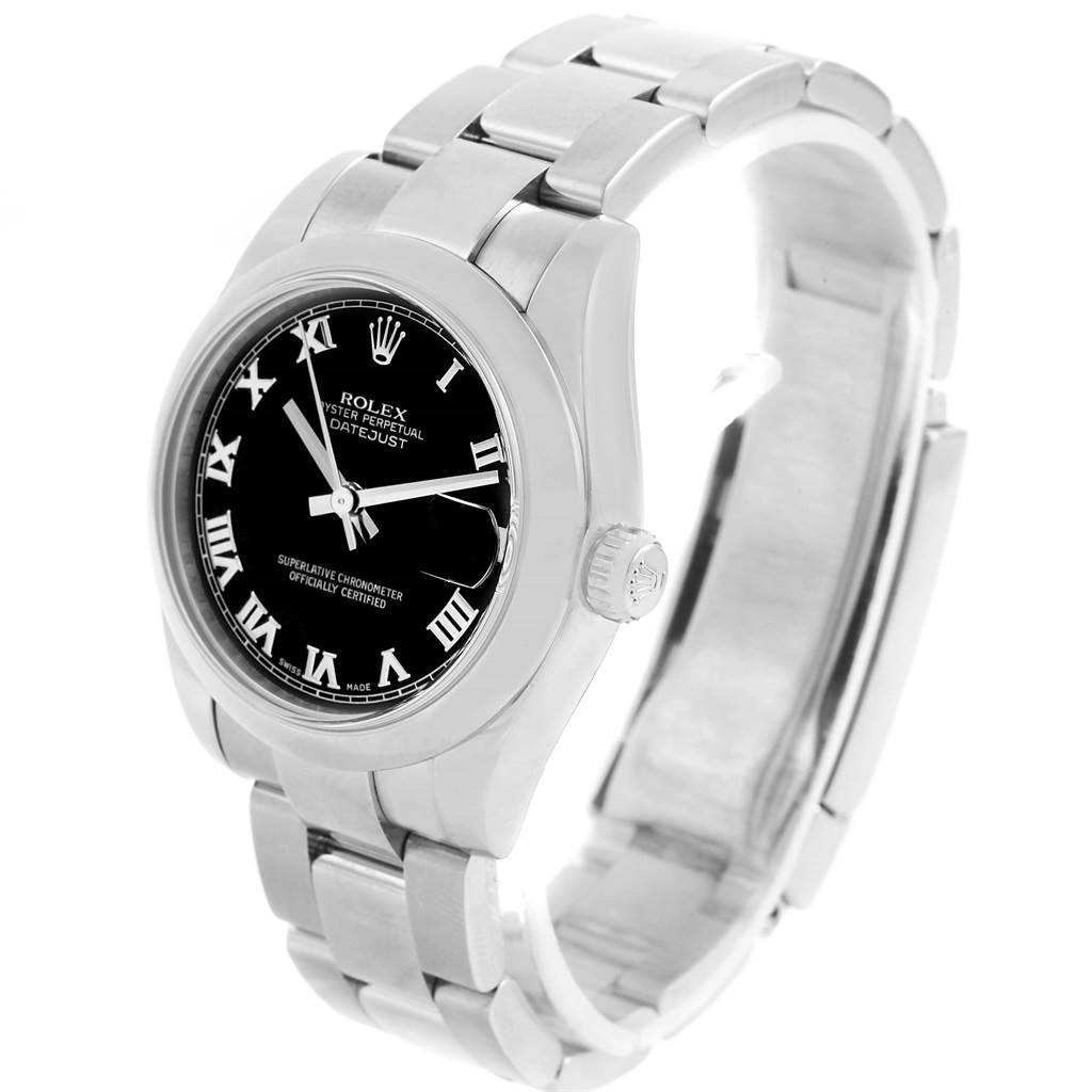 The image shows a Rolex Mid-Size 178240 Women's Stainless Steel Black Dial 178240 Women's Stainless Steel Black Dial Oyster Perpetual Datejust watch from an angled front view, highlighting the dial, case, and bracelet.