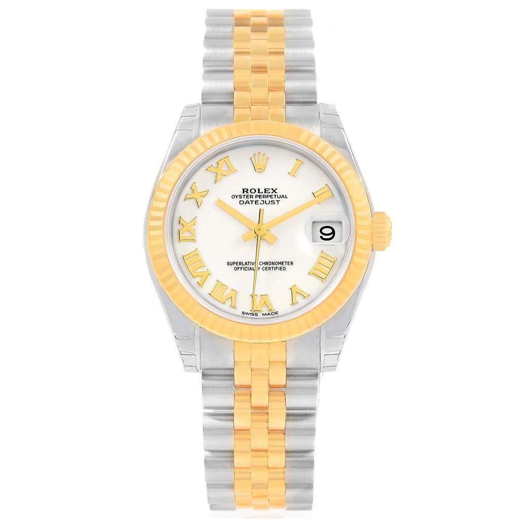 This image shows a Rolex Oyster Perpetual Datejust Mid-Size model from a front angle, highlighting the dial, bezel, and bracelet.