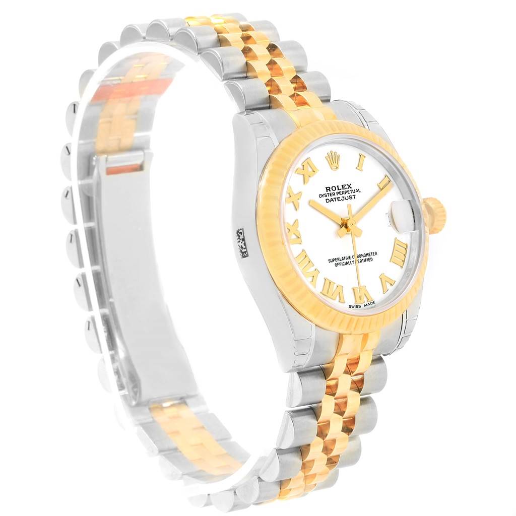 The image shows a Rolex Mid-Size 178273 Women's Steel and Gold (two tone) White Dial 178273 Women's Steel and Gold (two tone) White Dial Datejust watch at an angle highlighting its face, bezel, and two-tone bracelet.