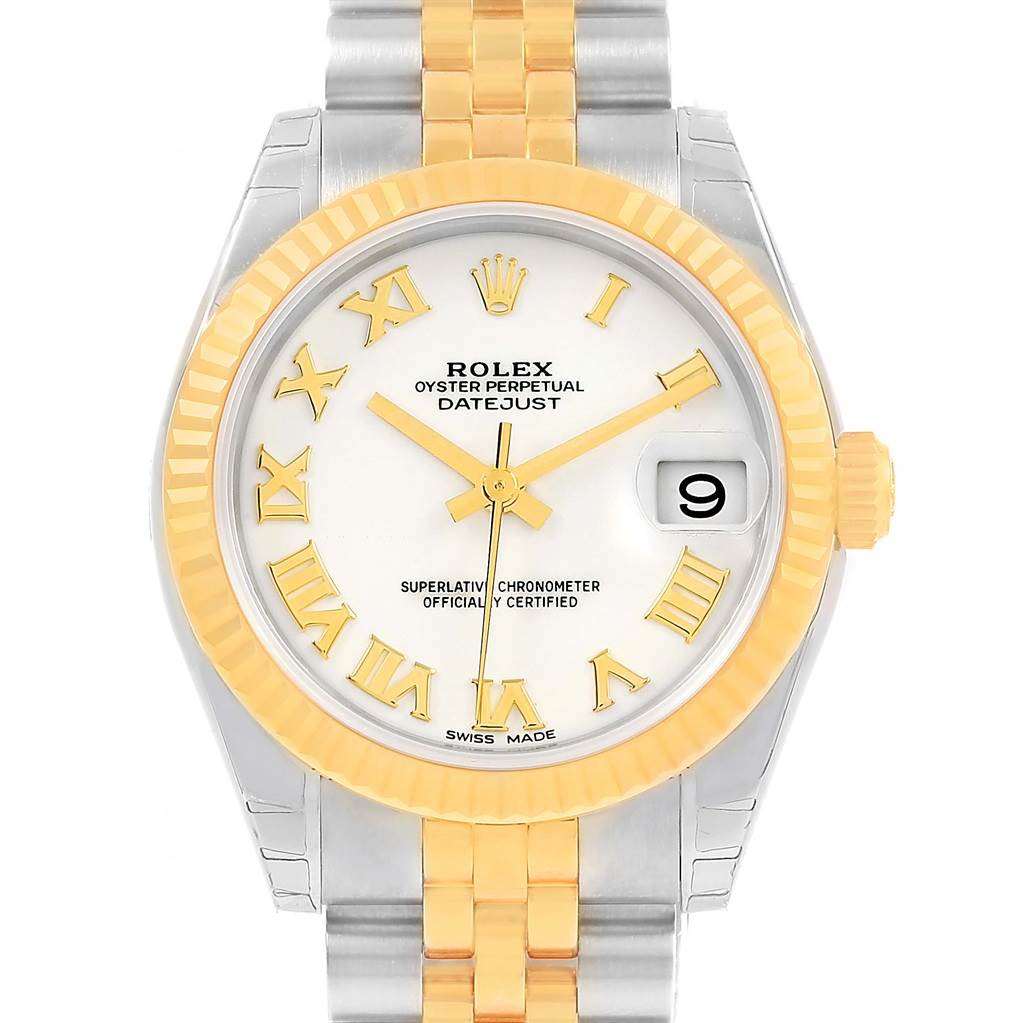 The Rolex Mid-Size 178273 Women's Steel and Gold (two tone) White Dial 178273 Women's Steel and Gold (two tone) White Dial Oyster Perpetual Datejust watch is shown from a front angle, highlighting the bezel, dial, and bracelet.