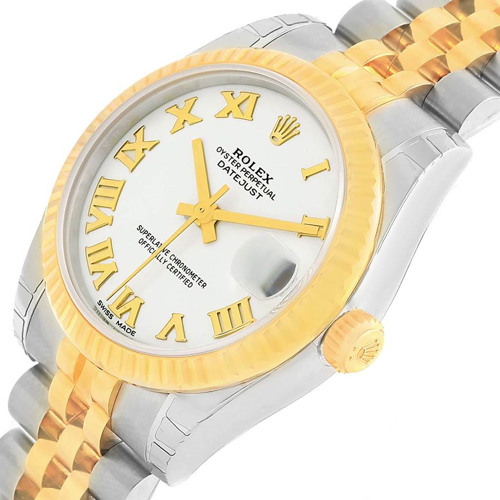 This image shows a Rolex Mid-Size 178273 Women's Steel and Gold (two tone) White Dial 178273 Women's Steel and Gold (two tone) White Dial Oyster Perpetual Datejust watch at an angled view, highlighting the dial, bezel, and part of the bracelet.