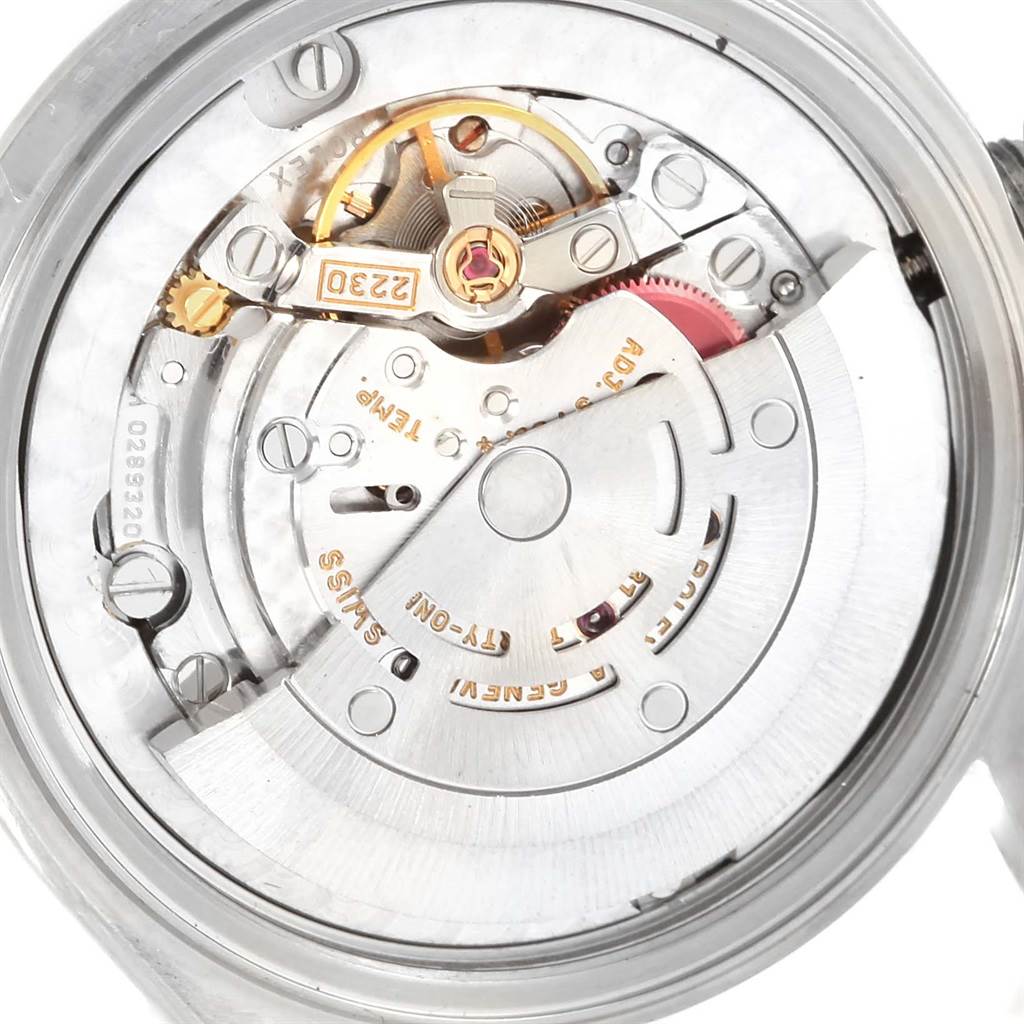 This image shows the internal movement mechanism of a Rolex Mid-Size 77080 Women's Stainless Steel Silver Dial 77080 Women's Stainless Steel Silver Dial model watch from a rear angle.
