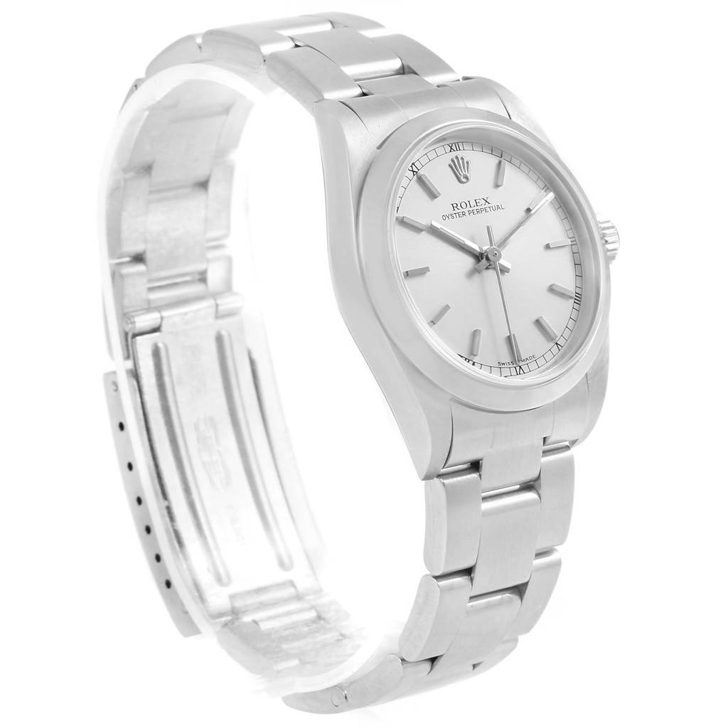 The image shows a side angle of a Rolex Mid-Size 77080 Women's Stainless Steel Silver Dial 77080 Women's Stainless Steel Silver Dial Oyster Perpetual watch, displaying the watch face and bracelet.