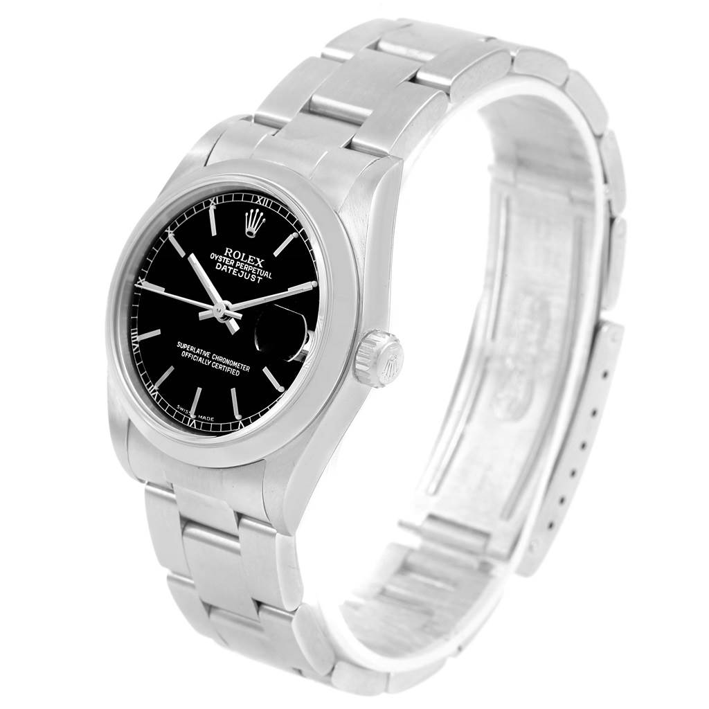 This image shows a Rolex Mid-Size 78240 Women's Stainless Steel Black Dial 78240 Women's Stainless Steel Black Dial Oyster Perpetual Datejust watch at a slight angle, featuring the face, bracelet, and crown.