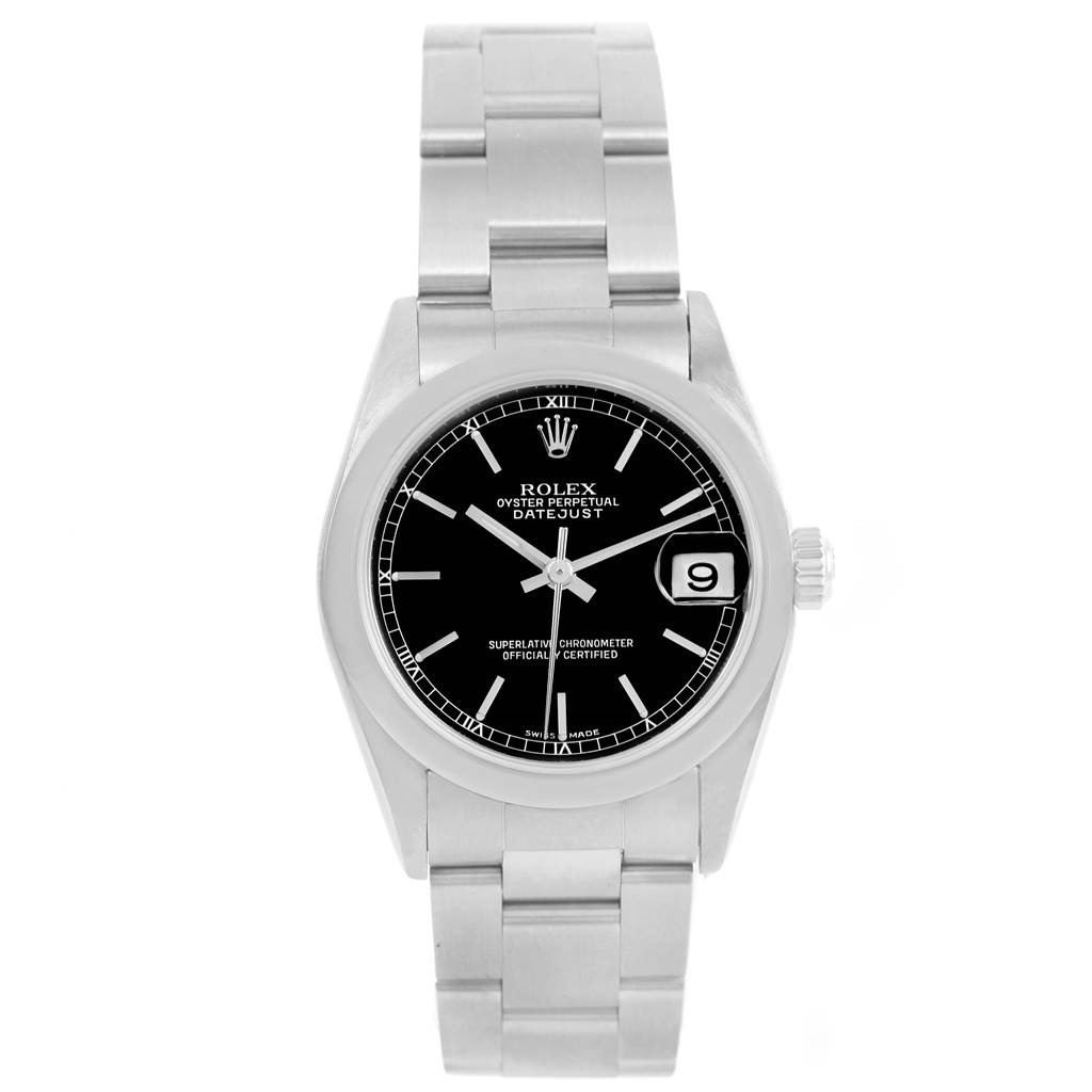 The image shows a front view of a Rolex Datejust Mid-Size watch, displaying the bracelet, dial, and date window.