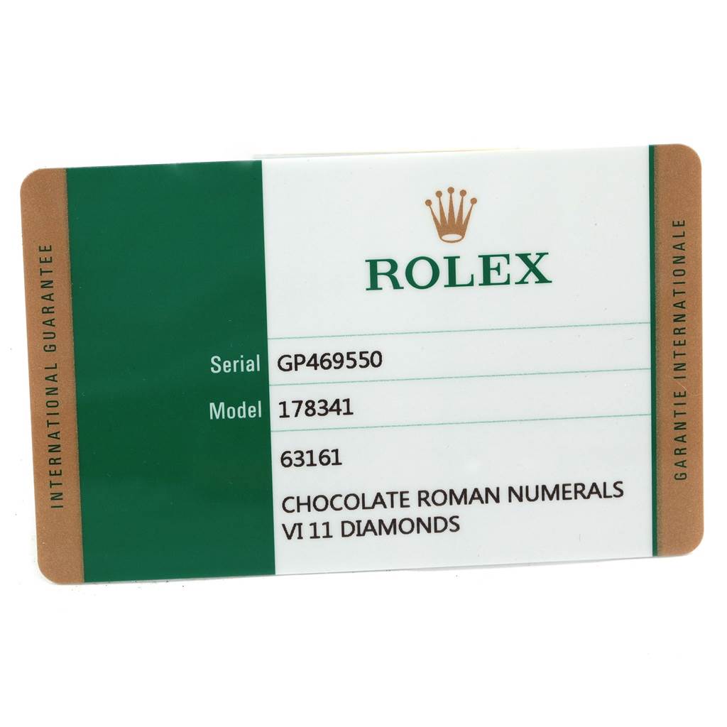 This image shows the warranty card for a Rolex Mid-Size 178341 Women's Steel and Gold (two tone) Brown Dial 178341 Women's Steel and Gold (two tone) Brown Dial model 178341 watch.