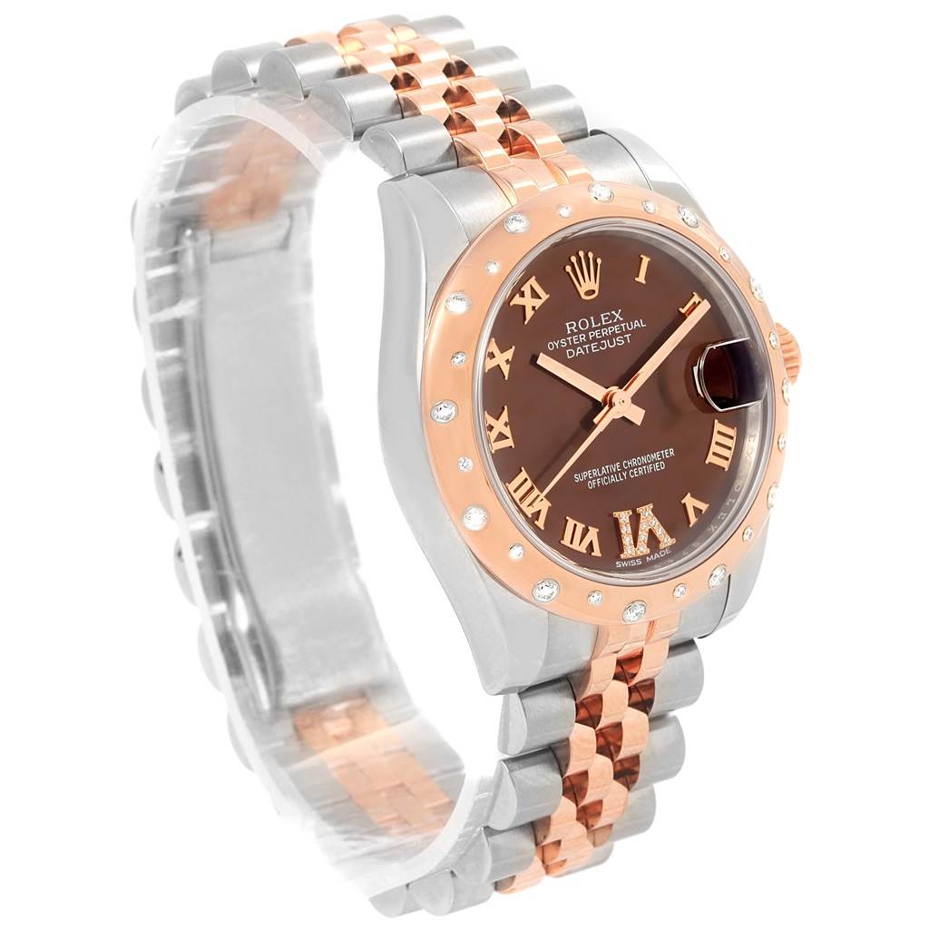 The image shows a close-up, angled view of the Rolex Mid-Size 178341 Women's Steel and Gold (two tone) Brown Dial 178341 Women's Steel and Gold (two tone) Brown Dial Oyster Perpetual Datejust with its bracelet and dial visible.
