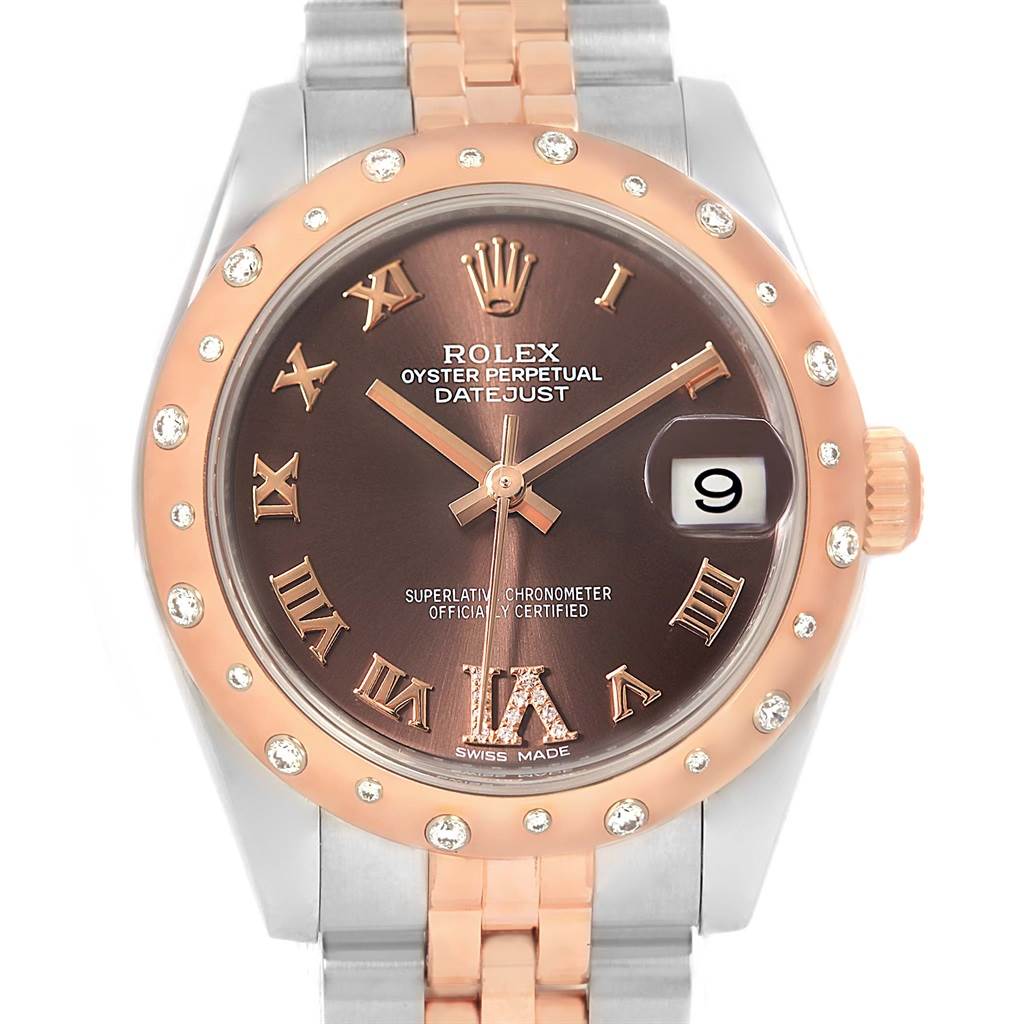 The Rolex Mid-Size 178341 Women's Steel and Gold (two tone) Brown Dial 178341 Women's Steel and Gold (two tone) Brown Dial Datejust watch is shown from a front angle, displaying its face, bezel, and part of the bracelet.
