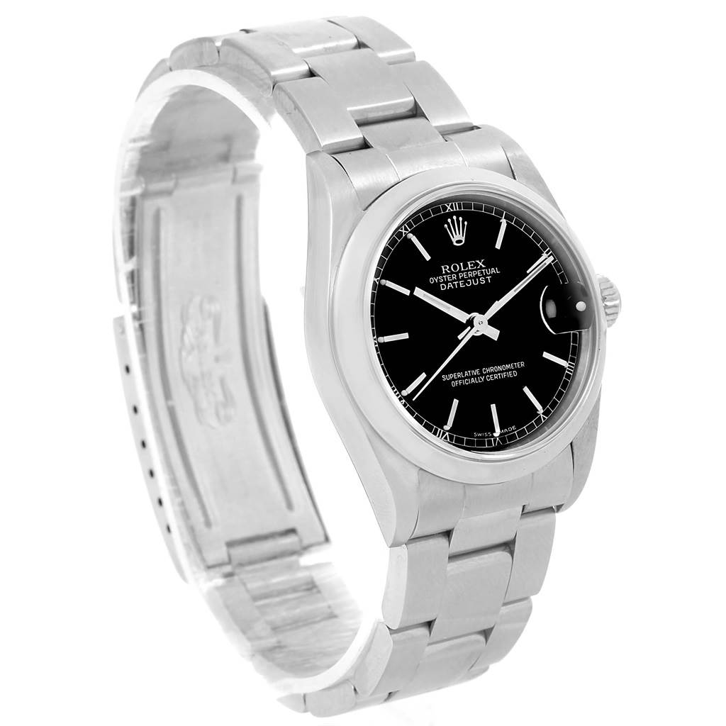 This image shows a Rolex Mid-Size 78240 Women's Stainless Steel Black Dial 78240 Women's Stainless Steel Black Dial Oyster Perpetual Datejust watch at a three-quarter angle, featuring the bracelet and black dial.