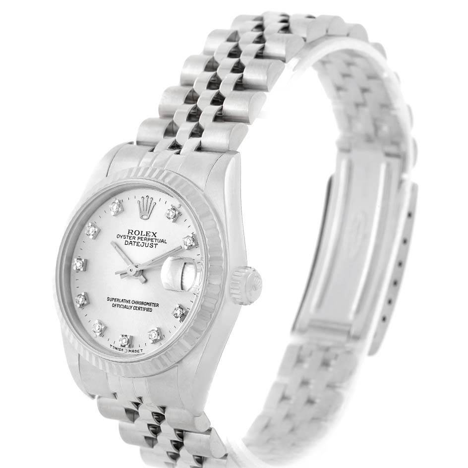 The Rolex Mid-Size 68274 Women's Stainless Steel Silver Dial 68274 Women's Stainless Steel Silver Dial model watch is shown at an angled side view, highlighting its face, bezel, crown, and band.