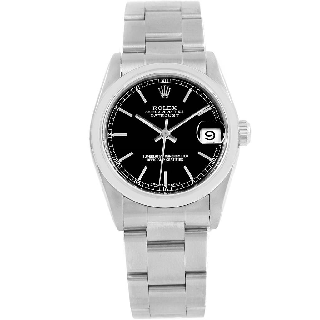 The image shows a front view of a Rolex Oyster Perpetual Datejust Mid-Size watch, highlighting the dial, bezel, and bracelet.