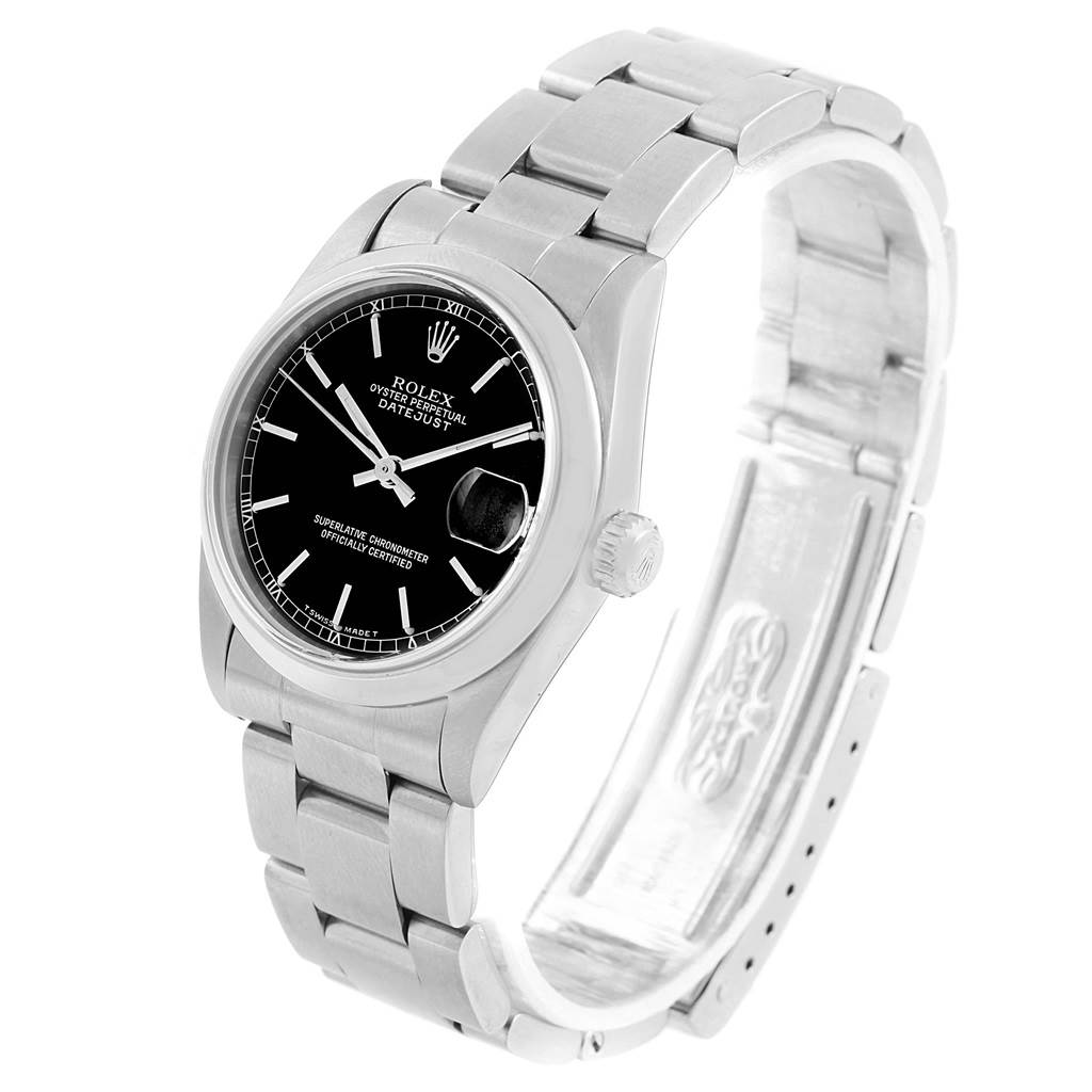 The image shows a side and front angle of the Rolex Datejust Mid-Size watch, highlighting the bracelet, case, dial, and crown.