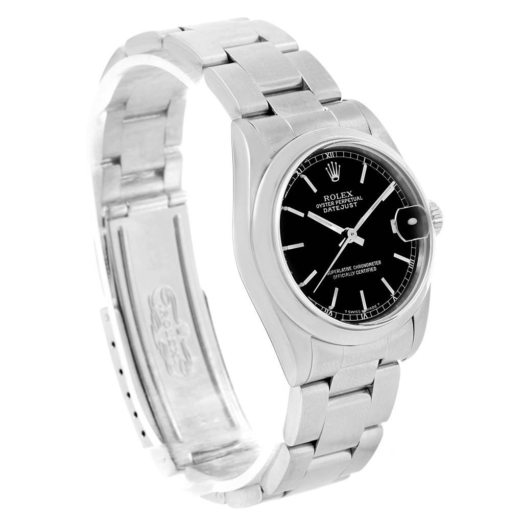 The image shows a side view of the Rolex Mid-Size 68240 Women's Stainless Steel Black Dial 68240 Women's Stainless Steel Black Dial Datejust watch, highlighting the dial, case, and bracelet.