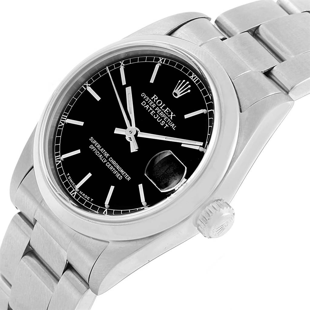 The image shows a Rolex Mid-Size 68240 Women's Stainless Steel Black Dial 68240 Women's Stainless Steel Black Dial Datejust watch at an oblique angle, displaying the dial, bezel, crown, and bracelet.