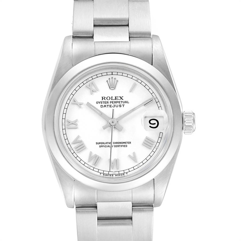 This Rolex Mid-Size 68240 Women's Stainless Steel White Dial 68240 Women's Stainless Steel White Dial Datejust watch is shown from a top-down angle, highlighting the dial, case, and bracelet.