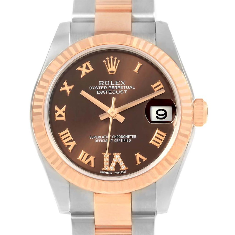 The image shows a frontal view of a Rolex Oyster Perpetual Datejust Mid-Size watch, highlighting the dial, bezel, and part of the bracelet.