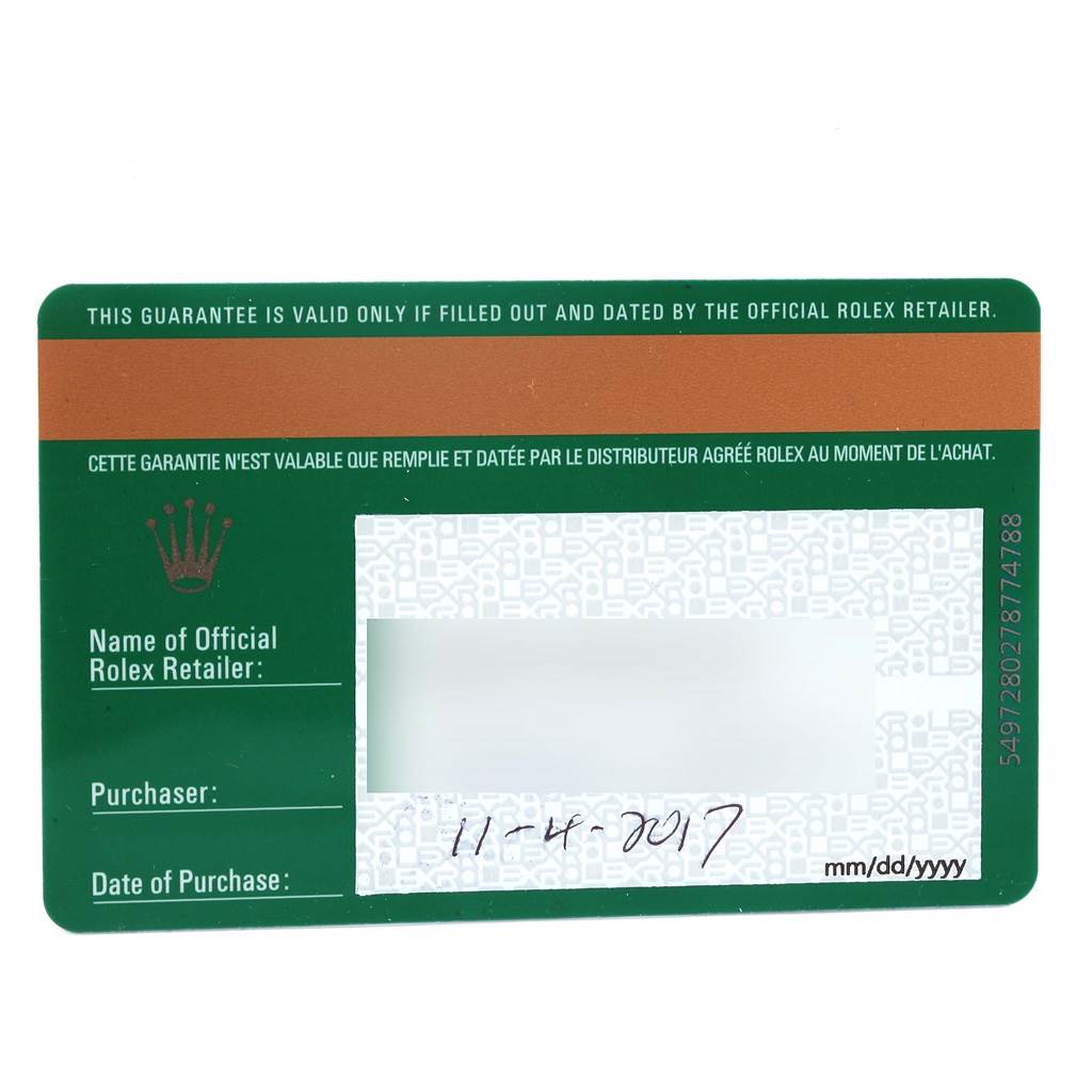 This is a guarantee card for a Rolex Mid-Size 178271 Women's Steel and Gold (two tone) Brown Dial 178271 Women's Steel and Gold (two tone) Brown Dial model, showing details like retailer name, purchaser, and purchase date.