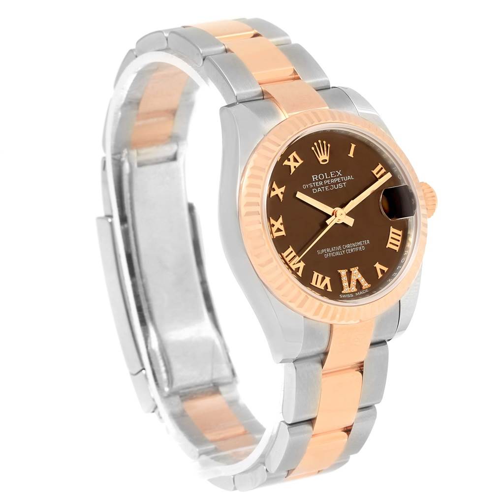 This image shows a Rolex Mid-Size 178271 Women's Steel and Gold (two tone) Brown Dial 178271 Women's Steel and Gold (two tone) Brown Dial Datejust watch at a three-quarter angle, highlighting its two-tone bracelet and dial.