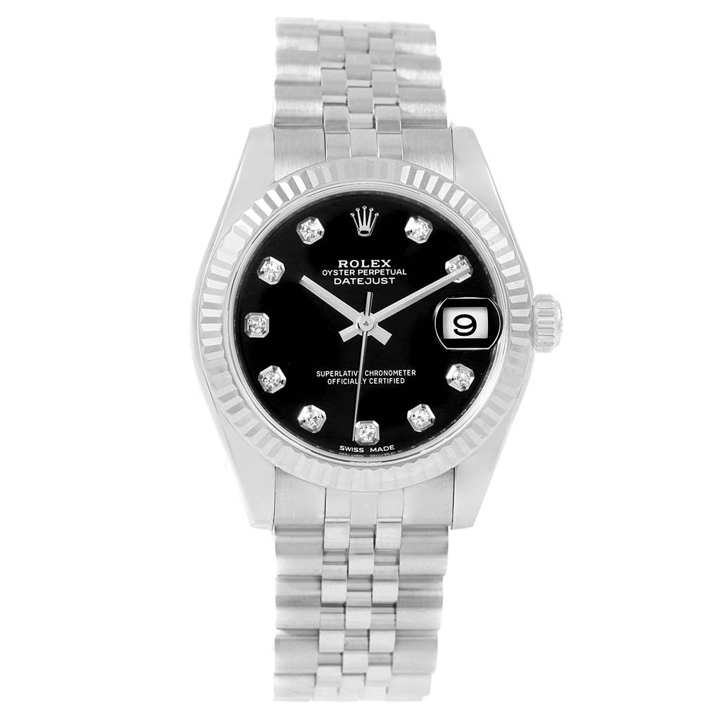 This image shows a front angle of the Rolex Mid-Size 178274 Women's Stainless Steel Black Dial 178274 Women's Stainless Steel Black Dial Oyster Perpetual Datejust watch including the dial, hands, and bracelet.