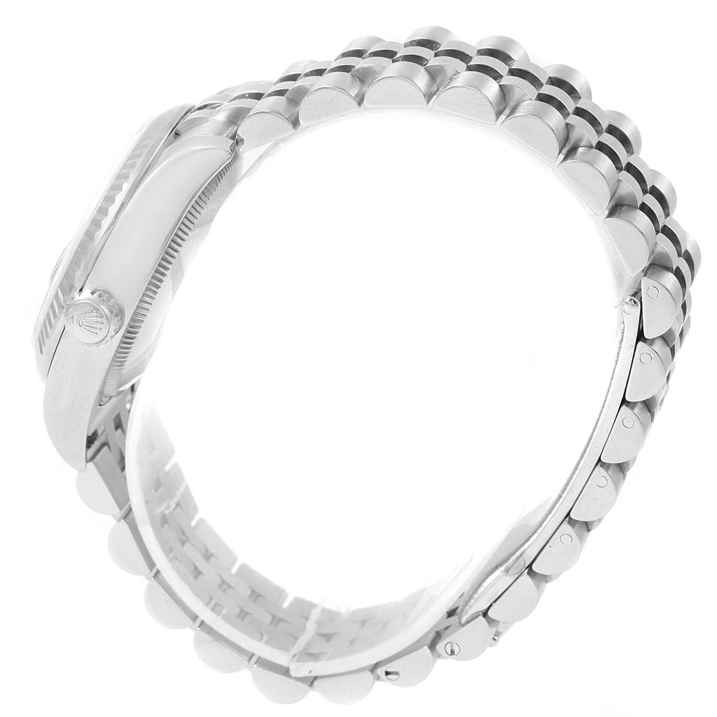 This image shows the side view of a Rolex Mid-Size 178274 Women's Stainless Steel Black Dial 178274 Women's Stainless Steel Black Dial watch, highlighting the bracelet and crown.