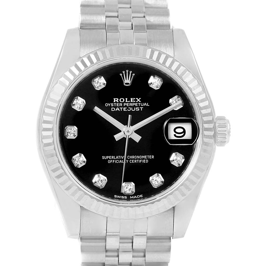 The image shows a front view of a Rolex Mid-Size 178274 Women's Stainless Steel Black Dial 178274 Women's Stainless Steel Black Dial Oyster Perpetual Datejust watch featuring its face, bezel, crown, and bracelet.