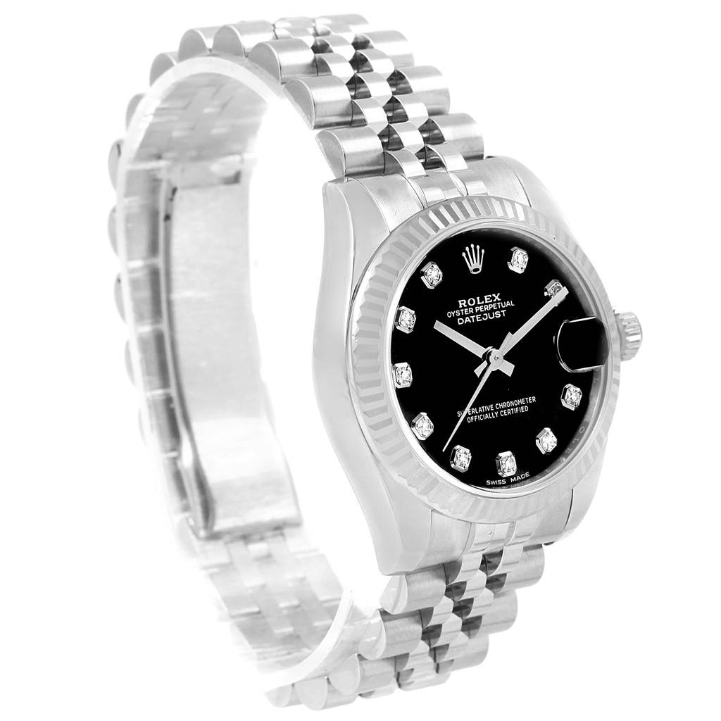 The Rolex Mid-Size 178274 Women's Stainless Steel Black Dial 178274 Women's Stainless Steel Black Dial watch is shown at a three-quarter front angle, highlighting the dial, fluted bezel, and Jubilee bracelet.