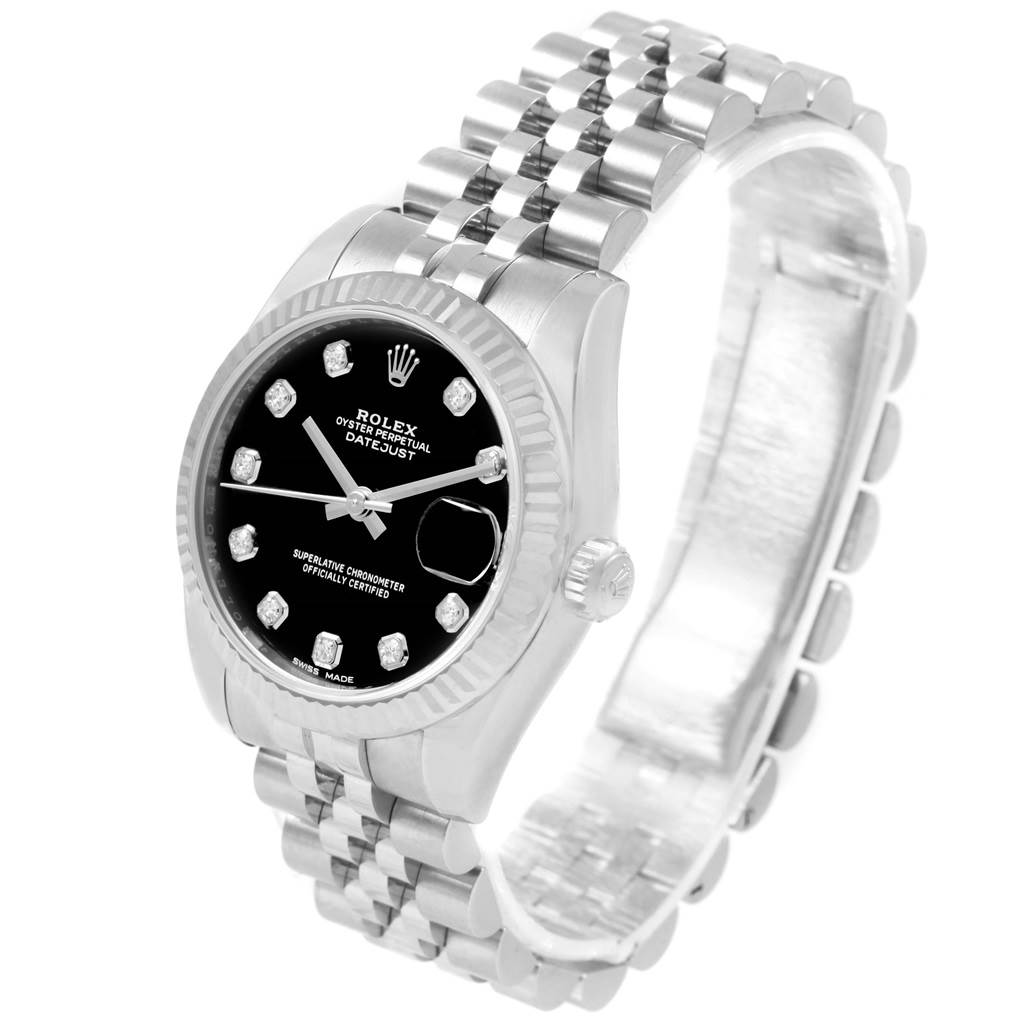 The image shows a Rolex Mid-Size 178274 Women's Stainless Steel Black Dial 178274 Women's Stainless Steel Black Dial Oyster Perpetual Datejust watch at a slight angle, highlighting the dial, bezel, crown, and bracelet.