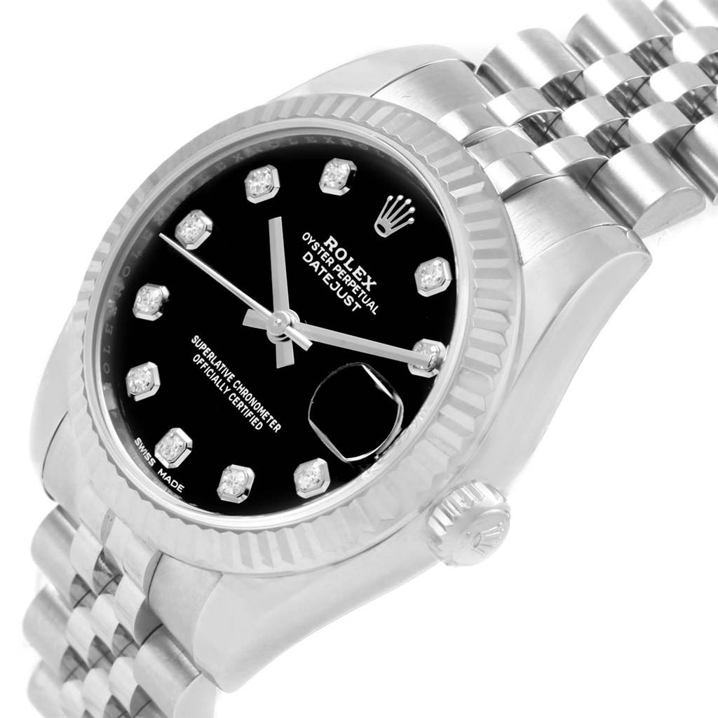 This image shows a close-up angle of the dial, bezel, and bracelet of a Rolex Mid-Size 178274 Women's Stainless Steel Black Dial 178274 Women's Stainless Steel Black Dial Datejust watch.